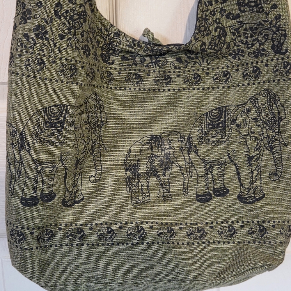 Nepal Elephant Print Green Tote Bag